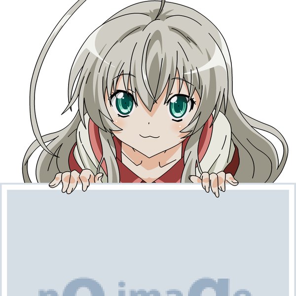 Anime picture 850x850 with haiyore! nyaruko-san pixiv nyaruko mugen ouka single long hair looking at viewer blush fringe simple background smile hair between eyes white background silver hair ahoge upper body aqua eyes leaning leaning forward :3