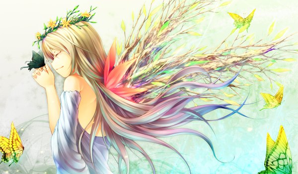 Anime picture 1360x800 with original long hair blonde hair wide image blue hair purple hair butterfly on hand dress wings insect butterfly