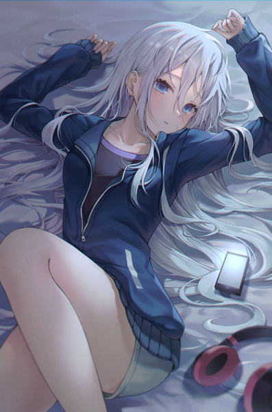 Anime picture 1850x2798 with project sekai yoisaki kanade yool a ran single long hair tall image looking at viewer blush fringe highres blue eyes hair between eyes silver hair bent knee (knees) indoors lying long sleeves parted lips arms up bare legs