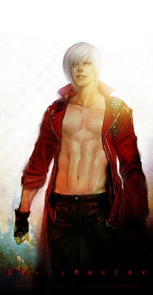Anime picture 600x1157 with devil may cry dante (devil may cry) onose1213 single tall image looking at viewer short hair standing yellow eyes white hair gradient background muscle twisty sleeves boy gloves navel black gloves pants cloak