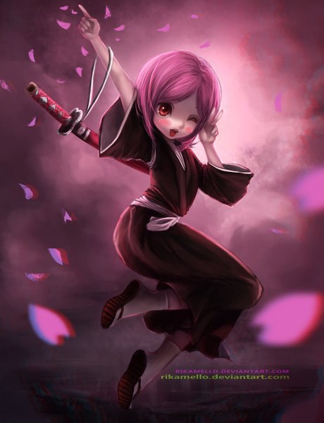 Anime picture 1000x1303 with bleach studio pierrot kusajishi yachiru rikamello single tall image blush short hair open mouth smile pink hair traditional clothes japanese clothes orange eyes victory girl weapon petals sword belt