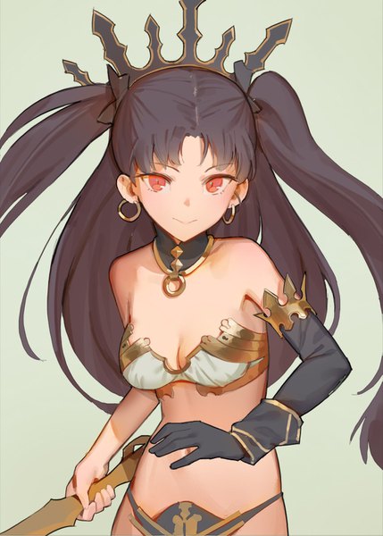 Anime picture 1143x1600 with fate (series) fate/grand order toosaka rin ishtar (fate) hks (timbougami) single long hair tall image looking at viewer breasts light erotic black hair simple background smile red eyes cleavage two side up aqua background girl earrings