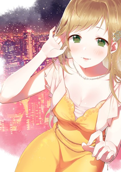 Anime picture 992x1403 with idolmaster idolmaster cinderella girls idolmaster cinderella girls starlight stage satou shin furururu single long hair tall image looking at viewer blush brown hair green eyes cleavage fingernails sparkle city adjusting hair cityscape city lights brilliant heart