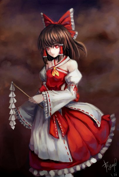 Anime picture 1000x1476 with touhou hakurei reimu bryanth single long hair tall image looking at viewer red eyes brown hair bare shoulders signed girl dress bow hair bow detached sleeves gohei