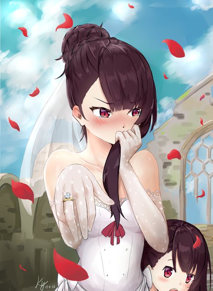 Anime picture 2048x2800 with girls frontline wa2000 (girls frontline) ky long hair tall image looking at viewer blush fringe highres open mouth red eyes brown hair bare shoulders multiple girls signed looking away cloud (clouds) upper body outdoors blunt bangs