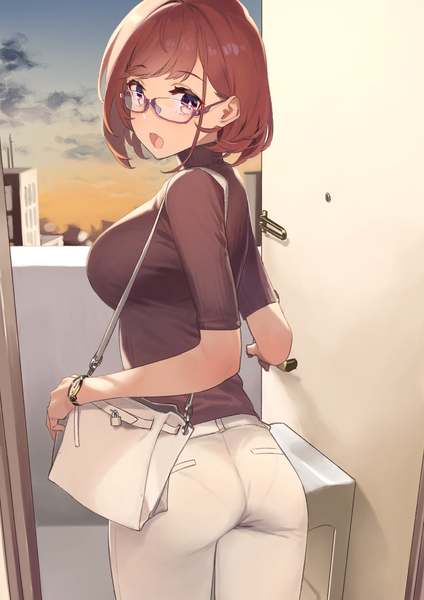 Anime-Bild 2121x3000 mit original kinshi no ane 92m single tall image looking at viewer fringe highres short hair breasts open mouth brown hair standing brown eyes sky looking back from behind :o short sleeves girl