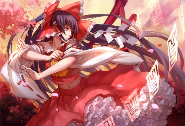 Anime picture 1700x1161 with touhou hakurei reimu ask (askzy) single black hair red eyes looking away very long hair profile cherry blossoms miko girl bow hair bow petals gohei ofuda
