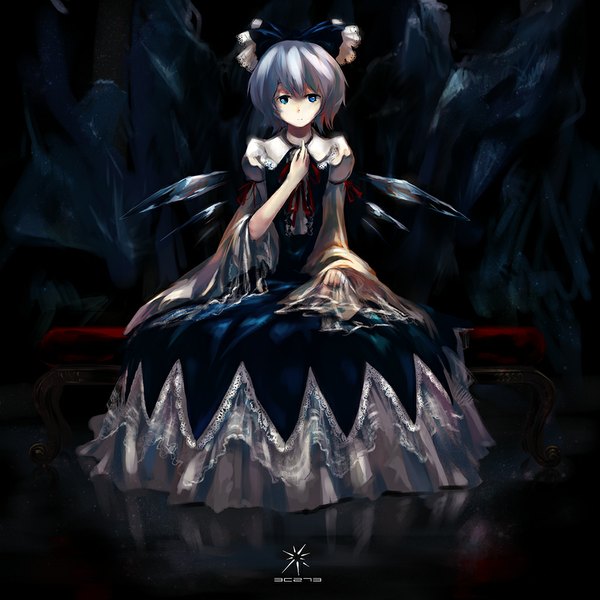 Anime picture 1000x1000 with touhou cirno jq single looking at viewer fringe short hair sitting silver hair girl dress bow hair bow wings ice