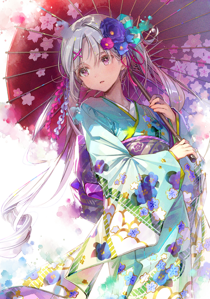 Anime picture 800x1134 with original dsmile single long hair tall image blush fringe hair between eyes standing twintails holding looking away silver hair traditional clothes parted lips japanese clothes pink eyes hair flower wide sleeves floral print