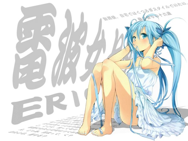 Anime picture 1600x1200 with denpa onna to seishun otoko shaft (studio) touwa erio single long hair blush blue eyes twintails bare shoulders blue hair barefoot bare legs girl dress ribbon (ribbons) sundress