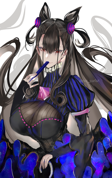 Anime picture 800x1267 with fate (series) fate/grand order murasaki shikibu (fate) pvc parfait single tall image looking at viewer fringe light erotic black hair hair between eyes red eyes signed payot very long hair hair bun (hair buns) two side up twitter username girl dress