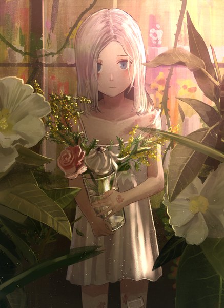 Anime picture 2700x3700 with original rotus single long hair tall image looking at viewer blush fringe highres blue eyes standing bare shoulders holding white hair hair over one eye bare legs scar strap slip girl dress