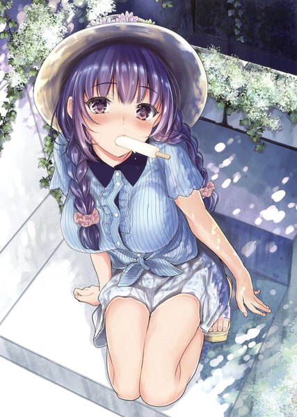 Anime picture 2494x3500 with original yu yu single long hair tall image looking at viewer blush highres light erotic purple eyes purple hair braid (braids) from above scan twin braids squat front-tie top girl dress flower (flowers)
