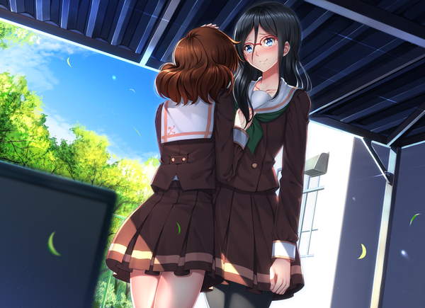 Anime picture 1754x1272 with hibike! euphonium kyoto animation oumae kumiko tanaka asuka swordsouls long hair blush highres short hair black hair brown hair multiple girls light smile girl skirt uniform 2 girls school uniform glasses