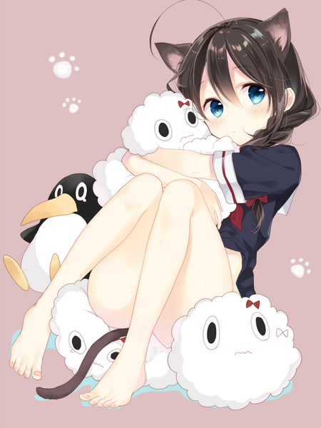 Anime picture 750x1001 with kantai collection shigure destroyer failure penguin (kantai collection) miss cloud naoto (tulip) single long hair tall image blush fringe blue eyes light erotic simple background brown hair sitting animal ears looking away full body ahoge bent knee (knees)