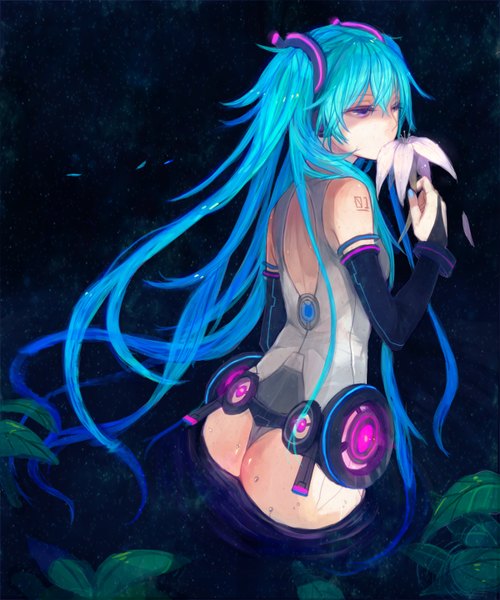 Anime picture 1200x1440 with vocaloid vocaloid append hatsune miku hatsune miku (append) sono (pixiv) single tall image light erotic twintails ass very long hair aqua hair girl gloves underwear panties flower (flowers) plant (plants) petals water