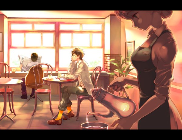 Anime picture 1559x1200 with original takeda mika short hair blue eyes blonde hair brown hair sitting holding profile multiple boys looking down light girl boy plant (plants) shirt glasses jacket window 2 boys