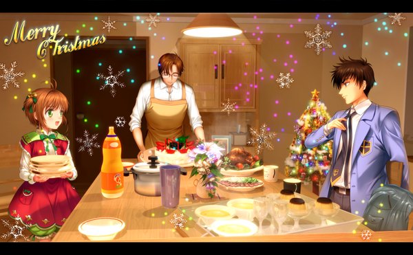 Anime picture 1615x1000 with card captor sakura clamp kinomoto sakura kinomoto touya kinomoto fujitaka mutsuki (moonknives) short hair open mouth smile brown hair wide image standing brown eyes green eyes eyes closed profile light smile multiple boys christmas letterboxed