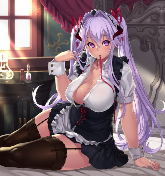 Anime picture 1400x1500 with original houtengeki single long hair tall image looking at viewer breasts light erotic large breasts purple eyes twintails cleavage purple hair horn (horns) maid girl thighhighs dress uniform ribbon (ribbons)