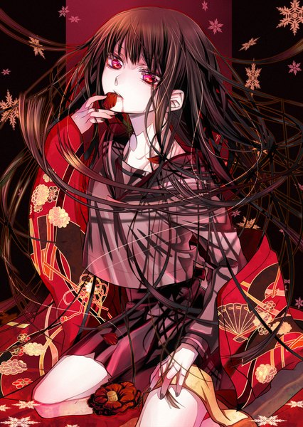 Anime picture 1420x2000 with original kaminary single long hair tall image brown hair nail polish pink eyes kneeling girl flower (flowers) water serafuku blood