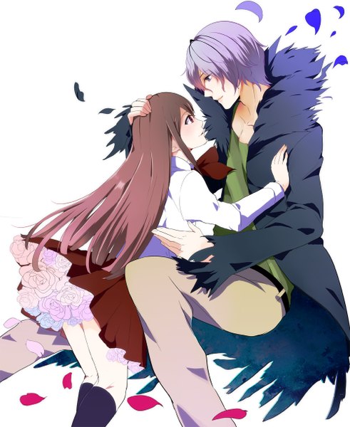 Anime picture 1000x1222 with ib (game) garry (ib) ib (ib) long hair tall image fringe short hair simple background red eyes brown hair white background purple eyes purple hair hair over one eye couple girl boy skirt flower (flowers) shirt