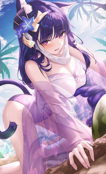 Anime picture 733x1200 with genshin impact raiden shogun h2o (dfo) single long hair tall image looking at viewer blush fringe breasts open mouth light erotic large breasts purple eyes animal ears sky purple hair cloud (clouds) outdoors tail