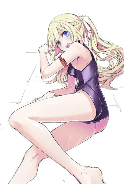 Anime picture 700x1036 with original tajima ryuushi single long hair tall image looking at viewer fringe open mouth blue eyes light erotic blonde hair simple background white background bent knee (knees) ass ponytail wet girl swimsuit one-piece swimsuit