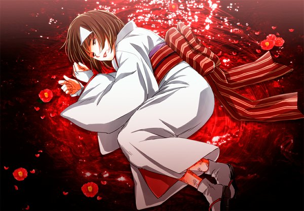 Anime picture 1100x764 with noragami studio bones nora (noragami) yue (id729088) single fringe short hair brown hair lying traditional clothes parted lips japanese clothes from above lips hieroglyph on side body writing girl flower (flowers) petals