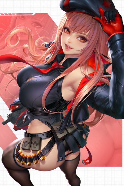 Anime picture 2400x3597 with goddess of victory: nikke rapi (nikke) nudtawut thongmai single long hair tall image looking at viewer fringe highres breasts open mouth light erotic simple background smile red eyes brown hair large breasts standing holding signed