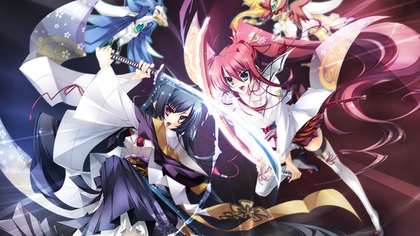 Anime picture 1280x720 with appare! tenka gomen tokugawa yoshine katagiri hinata long hair open mouth blue eyes black hair wide image multiple girls game cg ponytail red hair traditional clothes pink eyes battle girl weapon 2 girls sword katana