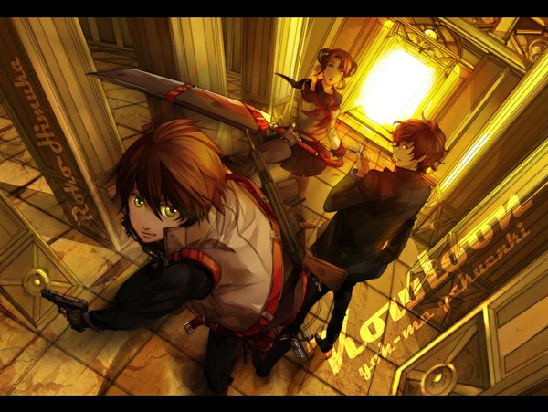 Anime picture 1000x753 with kowloon youma gakuen ki himuka roko looking at viewer short hair brown hair brown eyes green eyes multiple boys girl boy weapon sword serafuku gun 2 boys vest pillar column