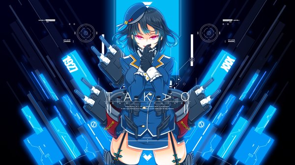 Anime picture 1920x1080 with kantai collection takao heavy cruiser single looking at viewer fringe highres short hair black hair smile red eyes wide image girl gloves weapon beret