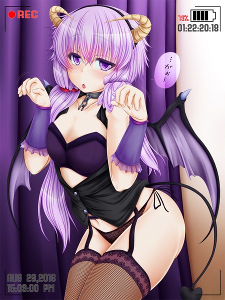 Anime picture 1200x1600 with vocaloid yuzuki yukari sou (seiga) single long hair tall image looking at viewer blush fringe open mouth light erotic hair between eyes purple eyes twintails cleavage purple hair bent knee (knees) ass tail horn (horns)