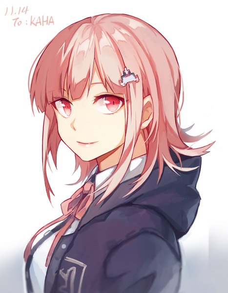 Anime picture 1000x1284 with dangan ronpa super dangan ronpa 2 nanami chiaki 8c single tall image looking at viewer fringe short hair simple background smile white background pink hair pink eyes dated girl uniform hair ornament school uniform hairclip