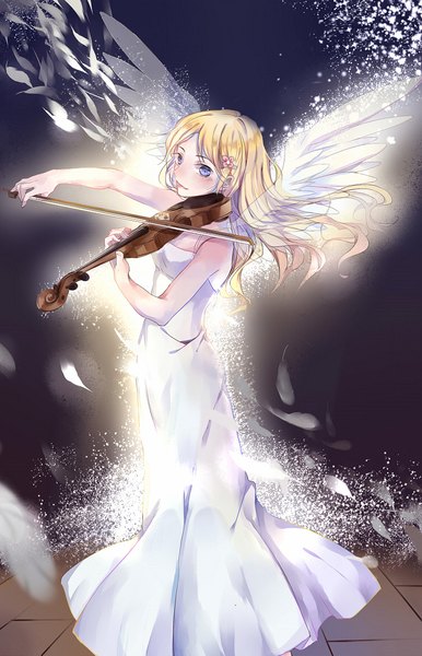 Anime picture 753x1169 with shigatsu wa kimi no uso a-1 pictures miyazono kaori yuxia xianyin single long hair tall image blush blue eyes blonde hair bare shoulders from above sleeveless dark background angel wings transparent playing instrument girl dress wings