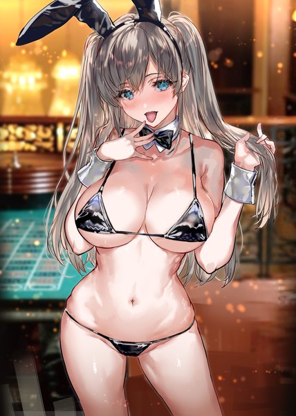 Anime picture 2139x3000 with original ranou single long hair tall image looking at viewer blush fringe highres breasts blue eyes light erotic hair between eyes standing animal ears silver hair indoors long sleeves blurry arms up