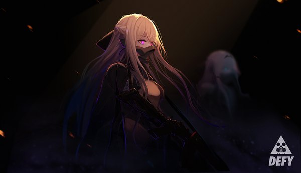 Anime picture 1300x750 with girls frontline ak-12 (girls frontline) an-94 (girls frontline) inho song long hair fringe blonde hair hair between eyes wide image standing purple eyes multiple girls holding payot looking away profile blurry floating hair dark background solo focus
