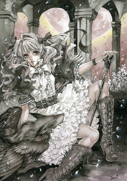 Anime picture 1255x1789 with original levin (artist) long hair tall image smile sitting signed grey hair grey eyes traditional media curly hair watercolor (medium) girl dress bow hair bow animal petals boots frills