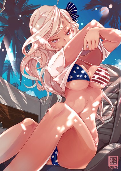 Anime picture 905x1280 with azur lane brooklyn (azur lane) nekomimipunks single long hair tall image looking at viewer blush fringe breasts light erotic blonde hair smile red eyes large breasts sitting holding signed sky cleavage