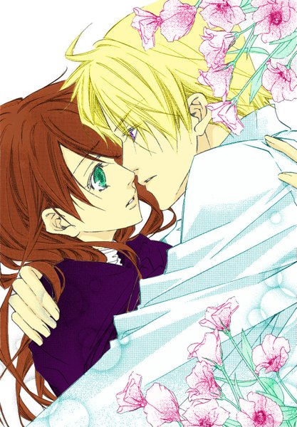 Anime picture 1057x1522 with hakushaku to yousei lydia carlton edgar ashenbert long hair tall image short hair simple background blonde hair brown hair white background purple eyes green eyes profile couple hug face to face almost kiss girl boy flower (flowers)