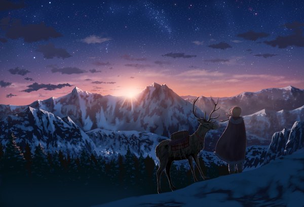 Anime picture 1200x821 with original doora (dora0913) single long hair blonde hair looking away sky cloud (clouds) braid (braids) evening sunset winter snow mountain landscape scenic nature girl animal tree (trees)