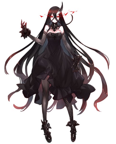 Anime picture 809x1000 with kantai collection battleship water oni dakuro single tall image looking at viewer fringe black hair simple background hair between eyes red eyes standing white background very long hair horn (horns) glowing glowing eye (eyes) pale skin oni horns shinkaisei-kan