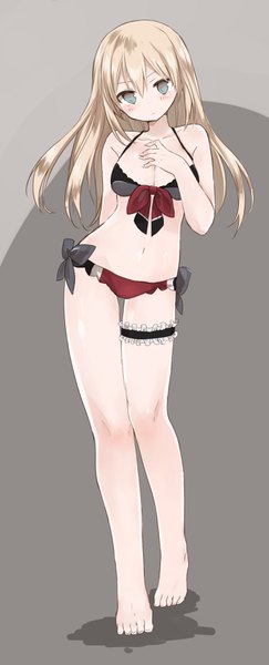 Anime picture 1398x3440 with kantai collection bismarck battleship murakami meishi single long hair tall image blush fringe breasts blue eyes light erotic simple background blonde hair hair between eyes standing full body head tilt barefoot grey background shadow