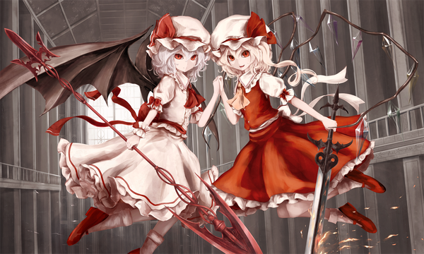 Anime picture 1920x1152 with touhou flandre scarlet remilia scarlet moose (moosu193) looking at viewer fringe highres open mouth blonde hair smile hair between eyes red eyes wide image multiple girls silver hair bent knee (knees) indoors short sleeves puffy sleeves one side up
