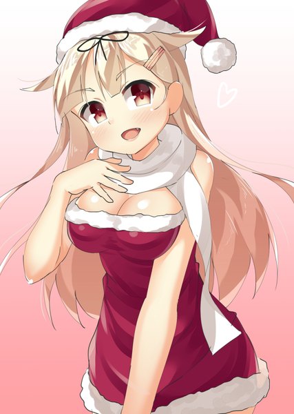 Anime picture 612x859 with kantai collection yuudachi destroyer kankitsunabe (citrus) single long hair tall image looking at viewer blush fringe breasts open mouth blonde hair red eyes large breasts standing bare shoulders head tilt fang (fangs) alternate costume fur trim