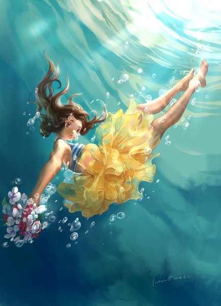 Anime picture 1000x1386 with original kuang zhong felix single long hair tall image brown hair brown eyes signed barefoot sunlight bare legs legs dated looking down underwater sunbeam girl flower (flowers) bouquet