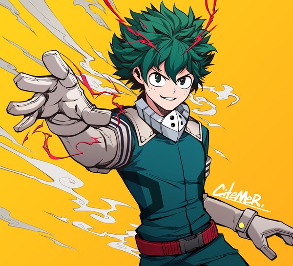 Anime picture 1000x909 with boku no hero academia studio bones midoriya izuku gu-ko citemer single looking at viewer fringe short hair simple background smile hair between eyes standing green eyes signed parted lips green hair outstretched arm yellow background spiked hair freckles