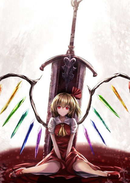 Anime picture 1151x1612 with touhou flandre scarlet sinkai single tall image looking at viewer fringe short hair blonde hair smile hair between eyes red eyes sitting full body short sleeves puffy sleeves side ponytail wariza ripples no hat