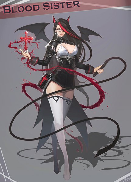 Anime picture 800x1113 with original smjim1986 single long hair tall image fringe breasts light erotic black hair large breasts holding cleavage full body red hair long sleeves parted lips multicolored hair horn (horns) hair over one eye two-tone hair