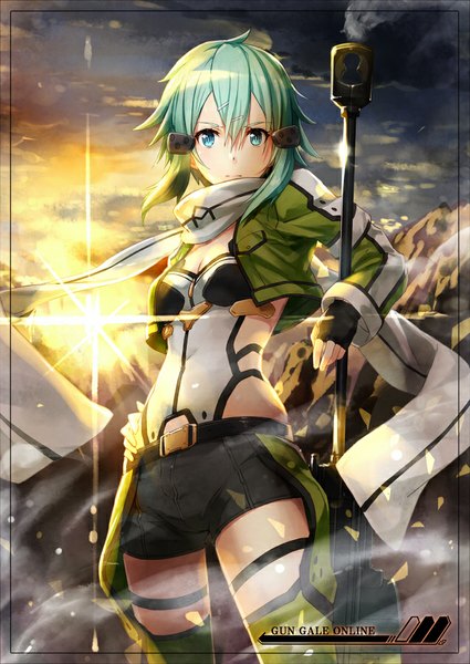 Anime picture 637x900 with sword art online a-1 pictures asada shino gabiran single tall image blue eyes sky cloud (clouds) aqua hair hand on hip smoke framed smoking gun girl thighhighs gloves weapon shorts belt